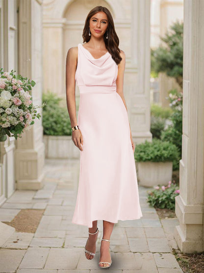 Trumpet/Mermaid Cowl Neck Sleeveless Tea-Length Ruched Bridesmaid Dresses
