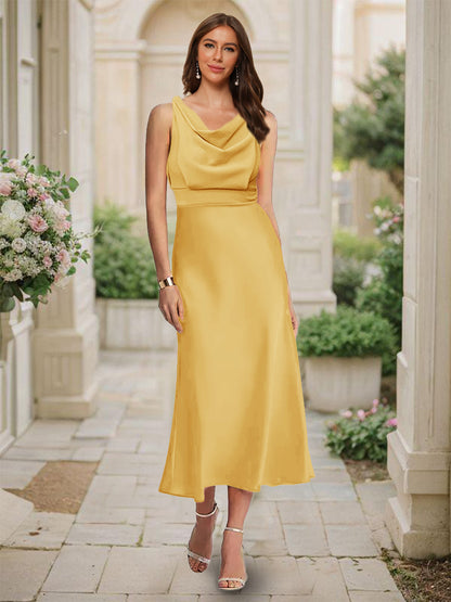 Trumpet/Mermaid Cowl Neck Sleeveless Tea-Length Ruched Bridesmaid Dresses