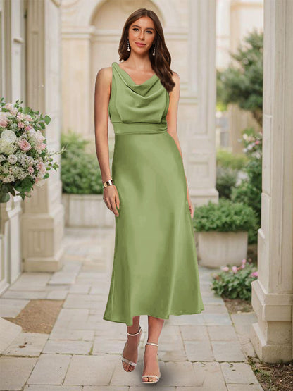 Trumpet/Mermaid Cowl Neck Sleeveless Tea-Length Ruched Bridesmaid Dresses
