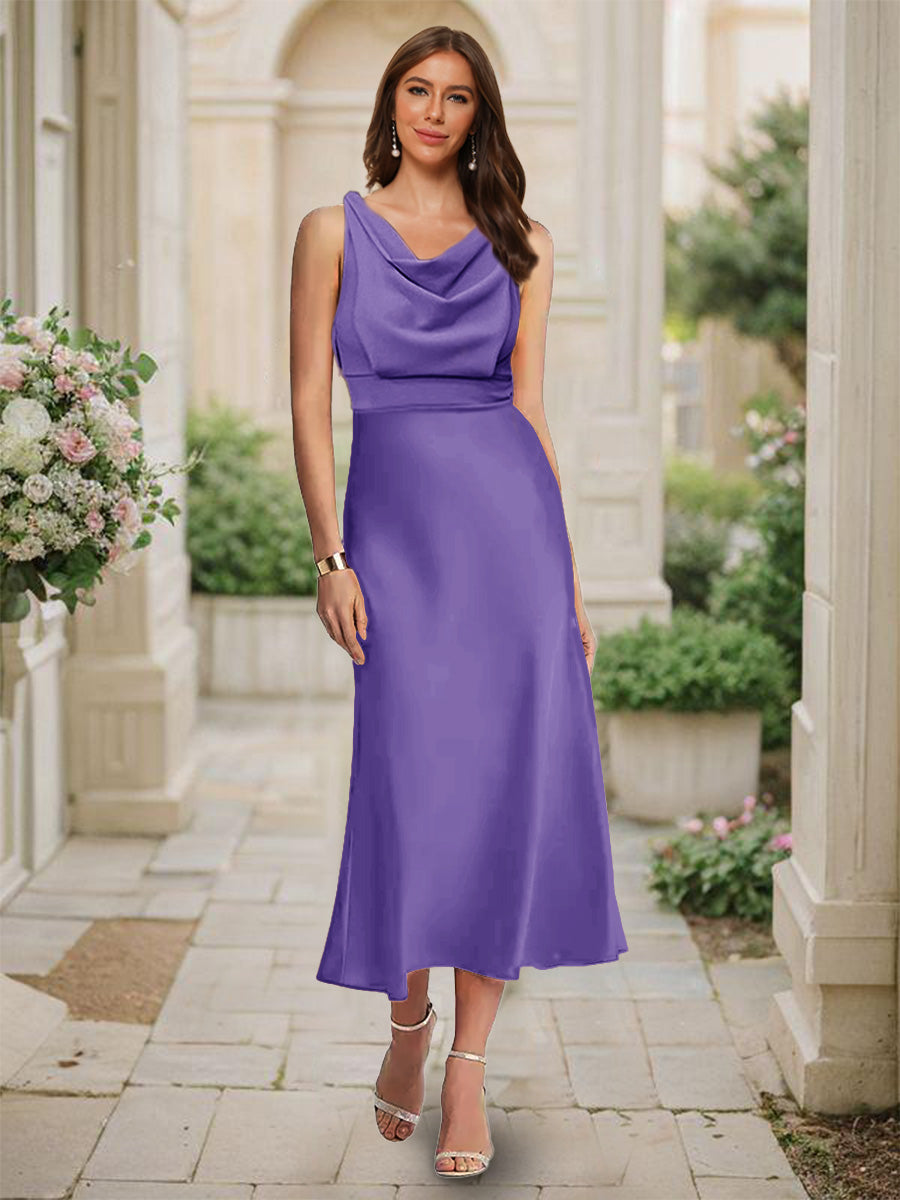 Trumpet/Mermaid Cowl Neck Sleeveless Tea-Length Ruched Bridesmaid Dresses