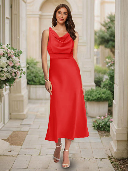 Trumpet/Mermaid Cowl Neck Sleeveless Tea-Length Ruched Bridesmaid Dresses