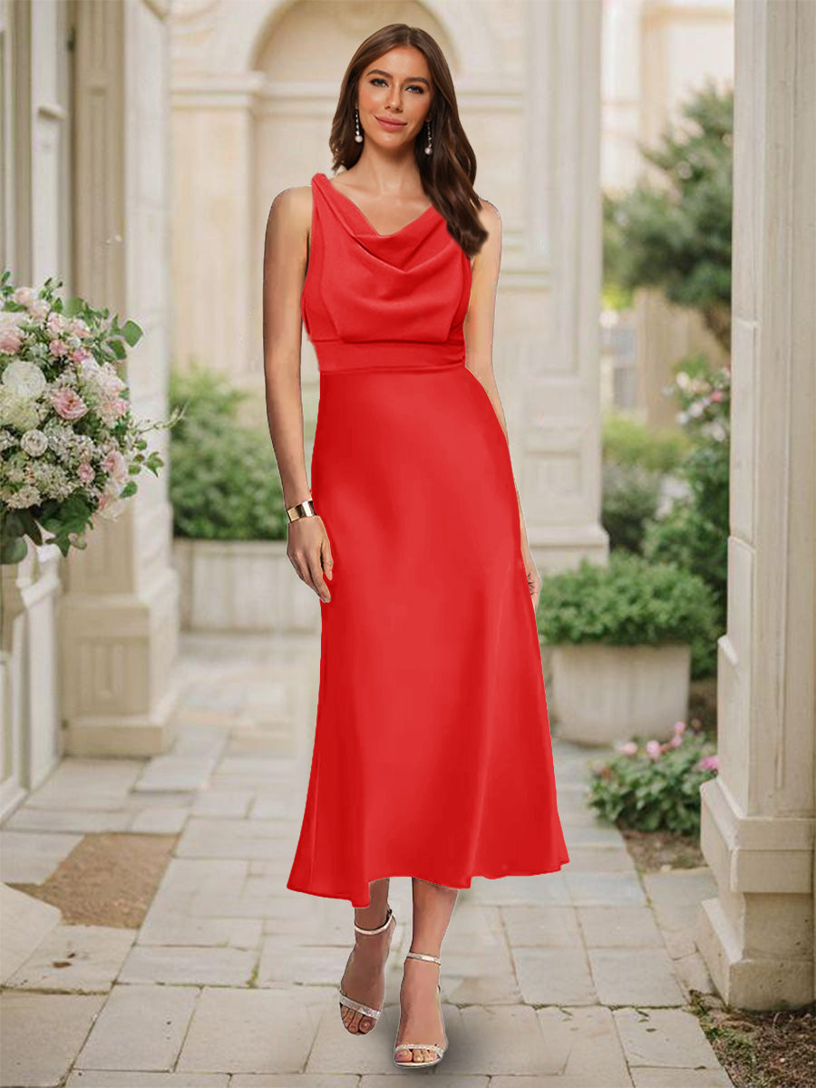 Trumpet/Mermaid Cowl Neck Sleeveless Tea-Length Ruched Bridesmaid Dresses