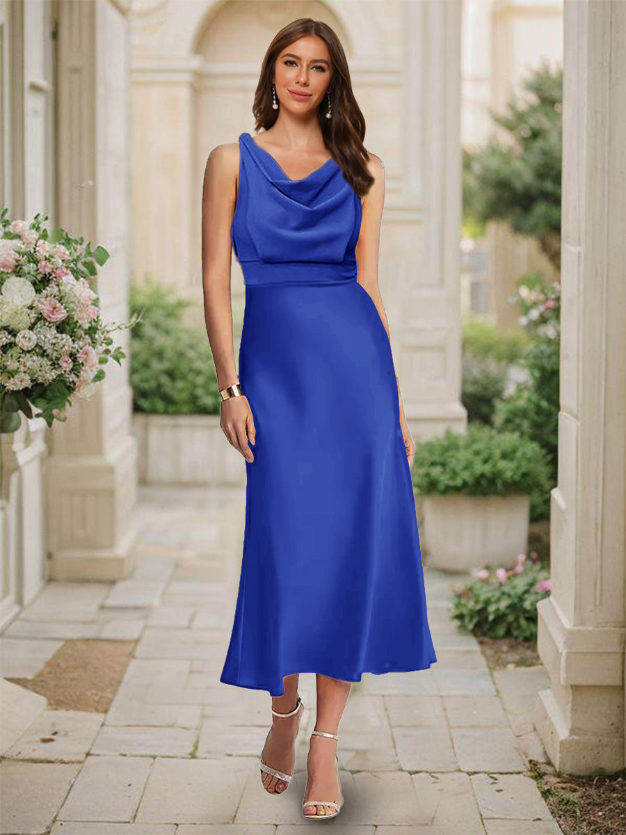 Trumpet/Mermaid Cowl Neck Sleeveless Tea-Length Ruched Bridesmaid Dresses