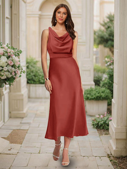 Trumpet/Mermaid Cowl Neck Sleeveless Tea-Length Ruched Bridesmaid Dresses