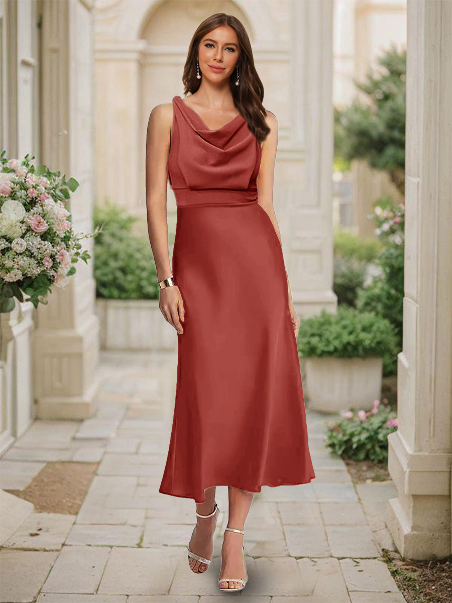 Trumpet/Mermaid Cowl Neck Sleeveless Tea-Length Ruched Bridesmaid Dresses