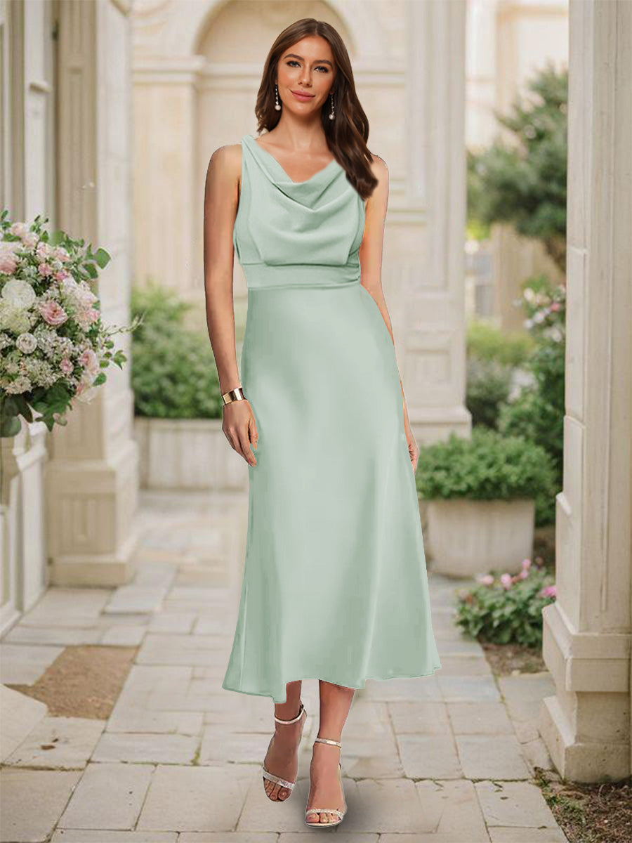 Trumpet/Mermaid Cowl Neck Sleeveless Tea-Length Ruched Bridesmaid Dresses