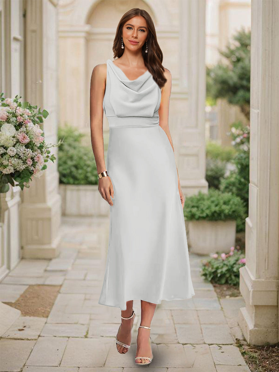 Trumpet/Mermaid Cowl Neck Sleeveless Tea-Length Ruched Bridesmaid Dresses
