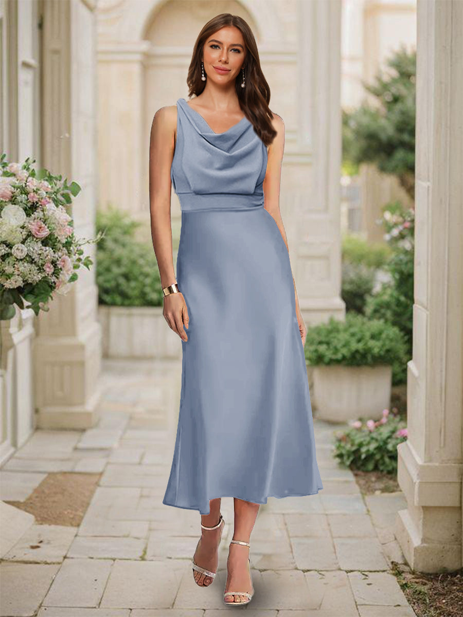 Trumpet/Mermaid Cowl Neck Sleeveless Tea-Length Ruched Bridesmaid Dresses