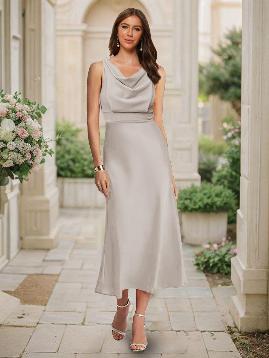 Trumpet/Mermaid Cowl Neck Sleeveless Tea-Length Ruched Bridesmaid Dresses