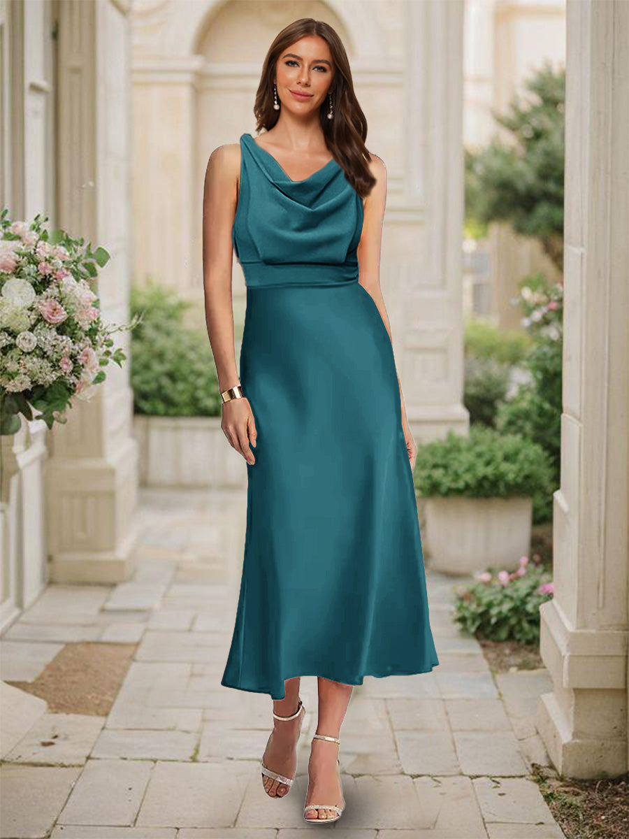 Trumpet/Mermaid Cowl Neck Sleeveless Tea-Length Ruched Bridesmaid Dresses