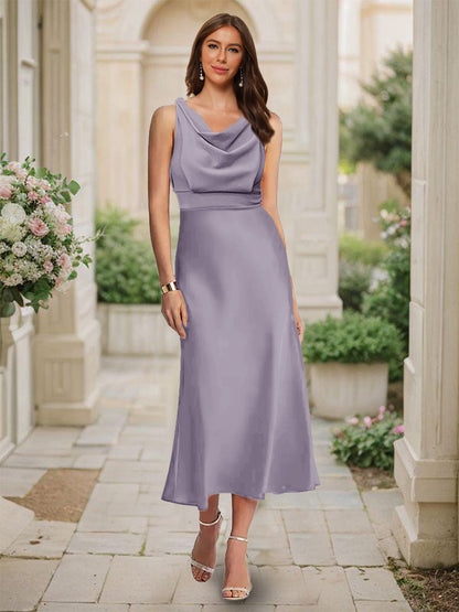 Trumpet/Mermaid Cowl Neck Sleeveless Tea-Length Ruched Bridesmaid Dresses