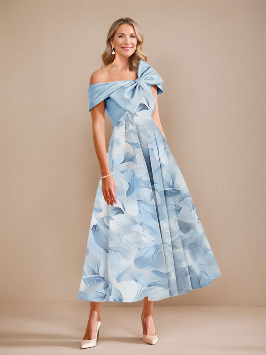 A-Line/Princess Off-the-Shoulder Short Sleeves Printed Floral Mother of the Bride Dresses with Bow