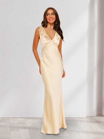 Sheath/Column V-Neck Floor-Length Long Bridesmaid Dresses with Bow