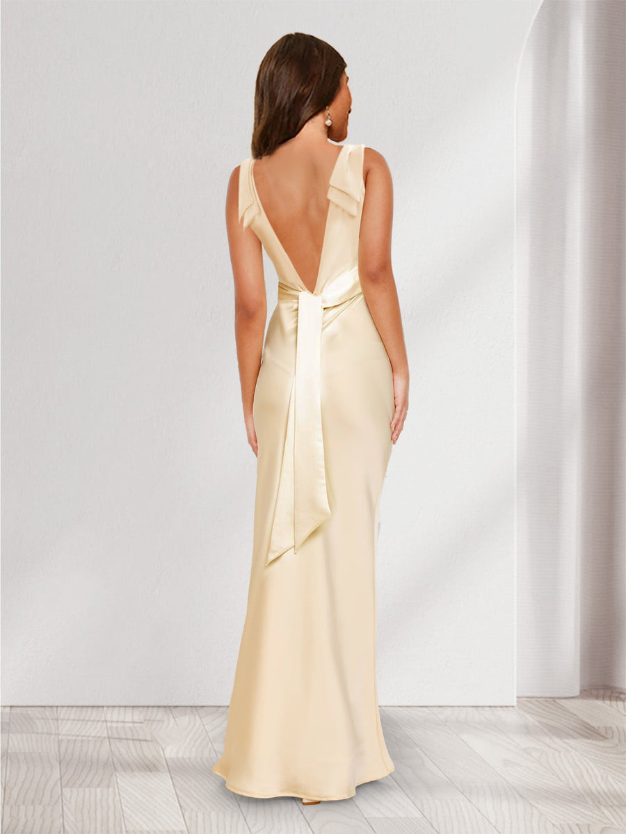 Sheath/Column V-Neck Floor-Length Long Bridesmaid Dresses with Bow