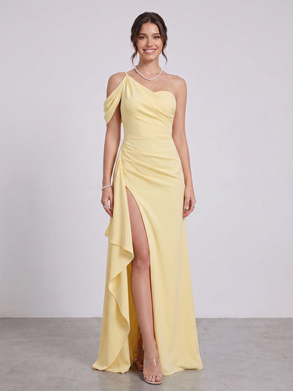 Sheath/Column Asymmetrical One-Shoulder Long Bridesmaid Dresses With Ruched & Split Side