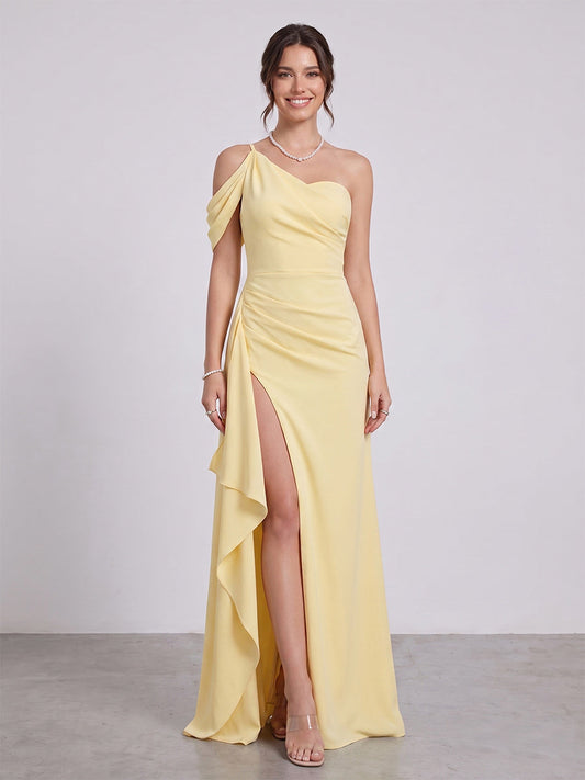 Sheath/Column Asymmetrical One-Shoulder Long Bridesmaid Dresses With Ruched & Split Side
