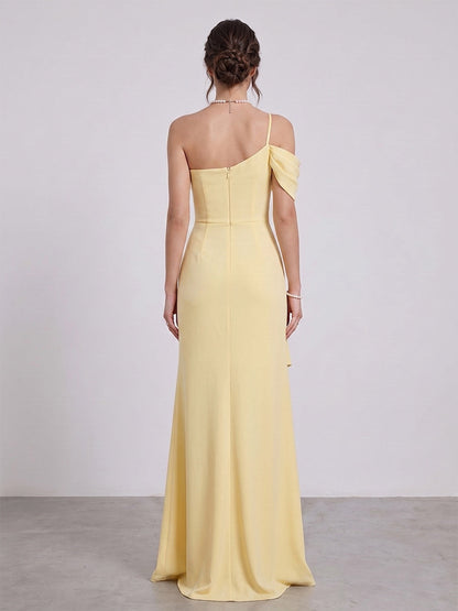 Sheath/Column Asymmetrical One-Shoulder Long Bridesmaid Dresses With Ruched & Split Side