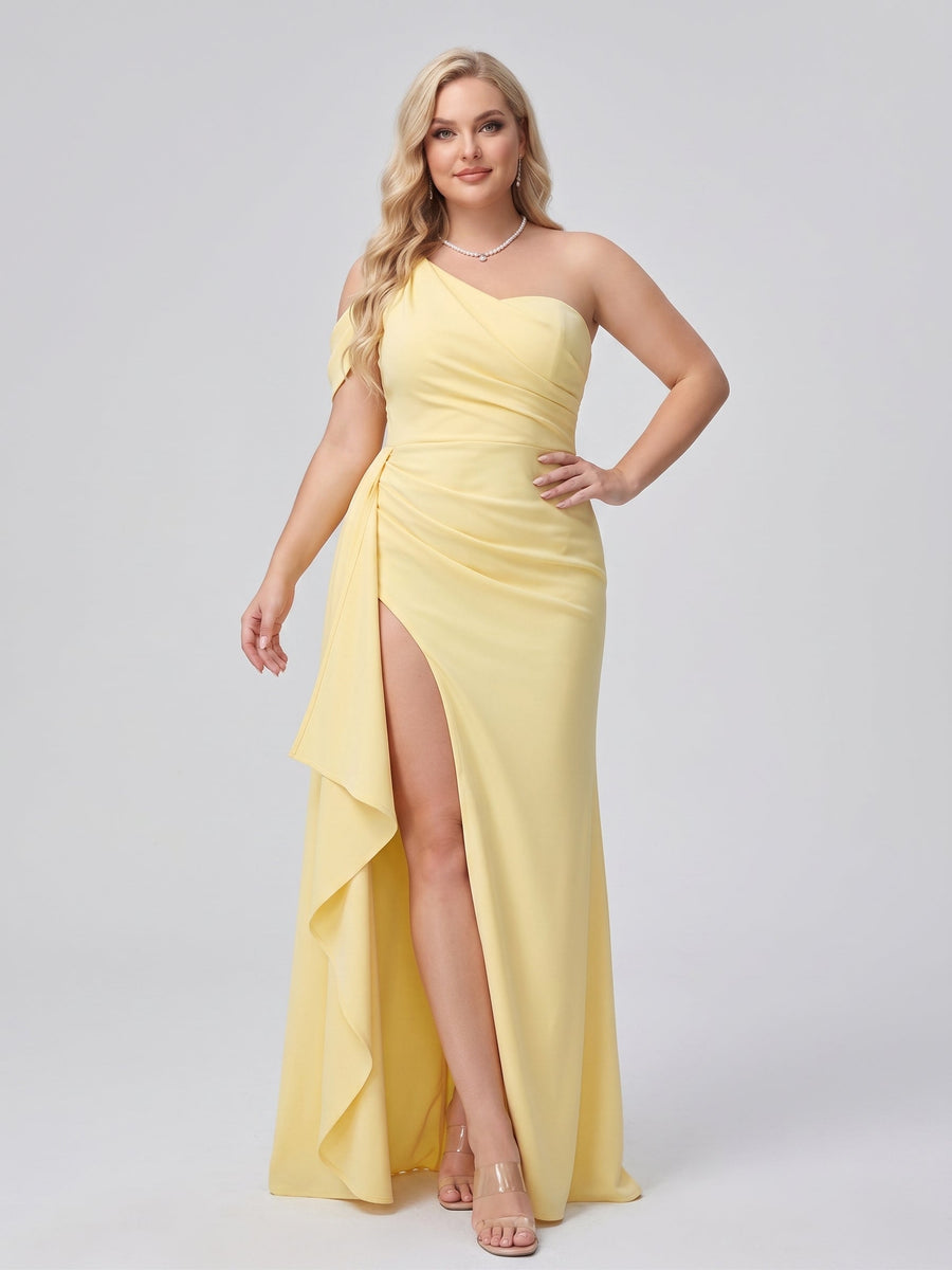 Sheath/Column Asymmetrical One-Shoulder Long Plus Size Bridesmaid Dresses With Ruched & Split Side