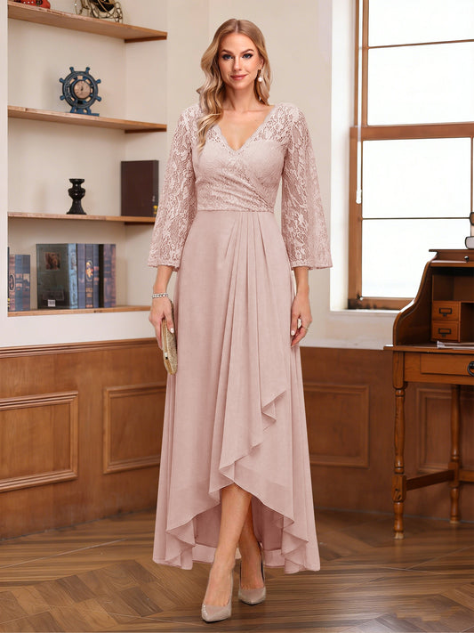 A-Line/Princess 3/4 Sleeves Asymmetrical Mother of the Bride Dresses with Lace & Ruffles