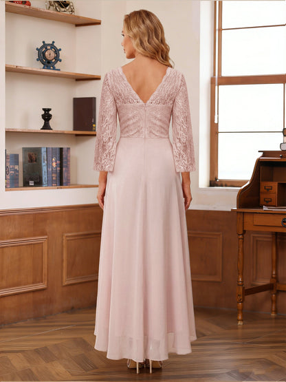 A-Line/Princess 3/4 Sleeves Asymmetrical Mother of the Bride Dresses with Lace & Ruffles