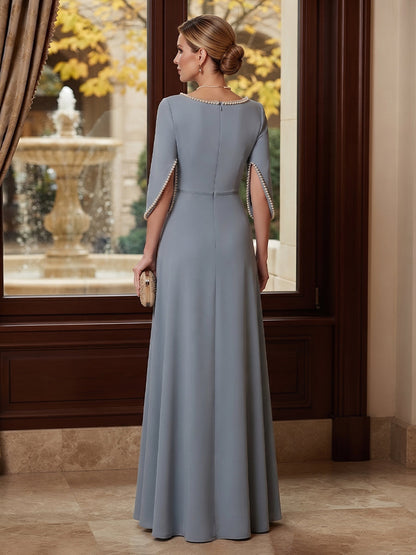 A-Line/Princess Scoop Half Sleeves Stretch Satin Floor-Length Mother of the Bride Dresses with Pearls