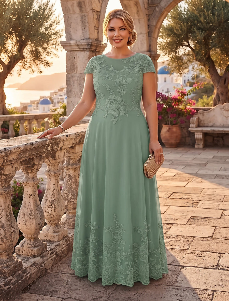 A-Line/Princess Scoop Cap Sleeves Chiffon Floor-Length Plus Size Mother of the Bride Dresses with Applique & Sequins