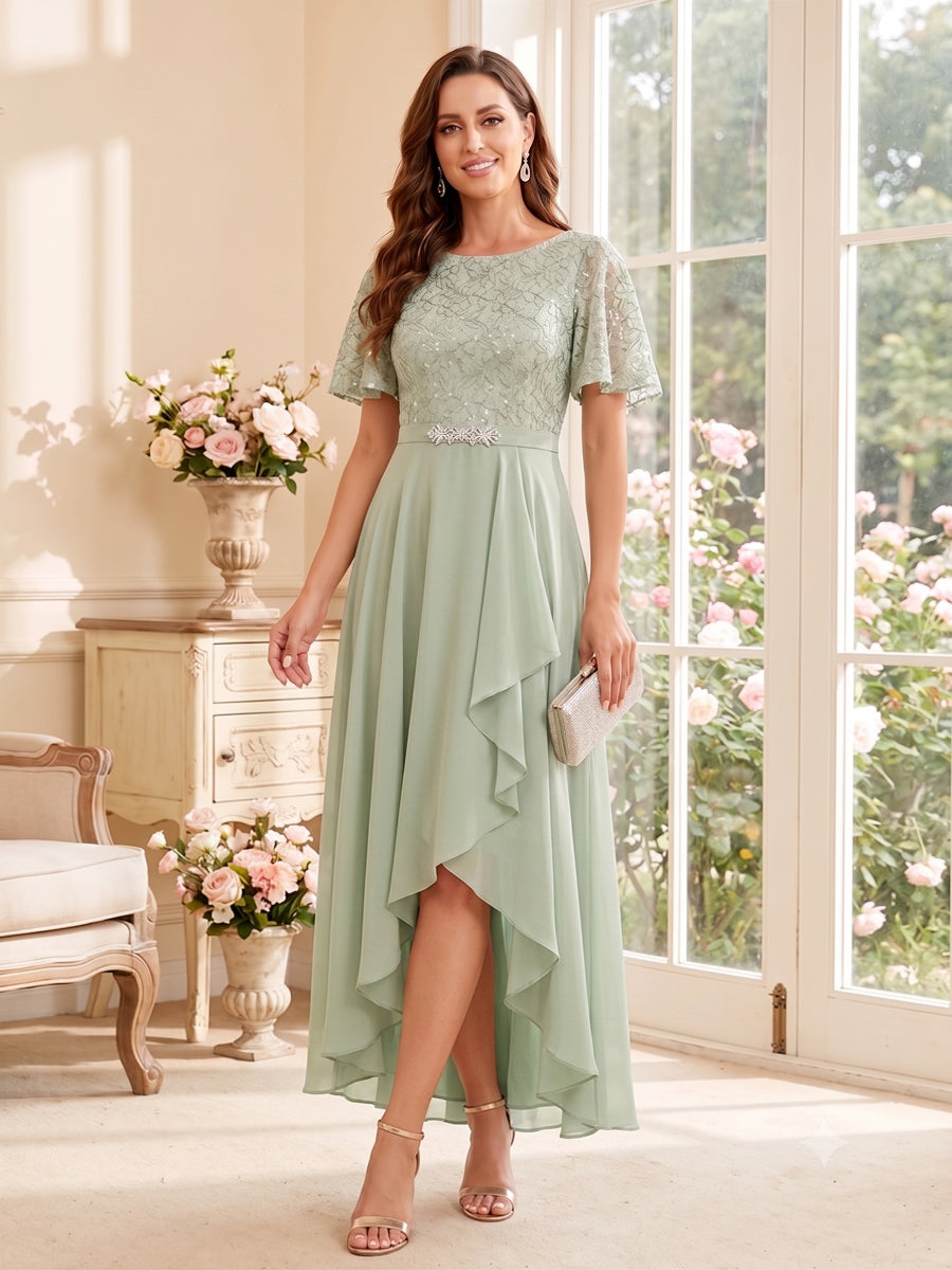 A-Line/Princess Scoop Short Sleeves Asymmetrical Mother of the Bride Dresses with Pleats & Ruffles