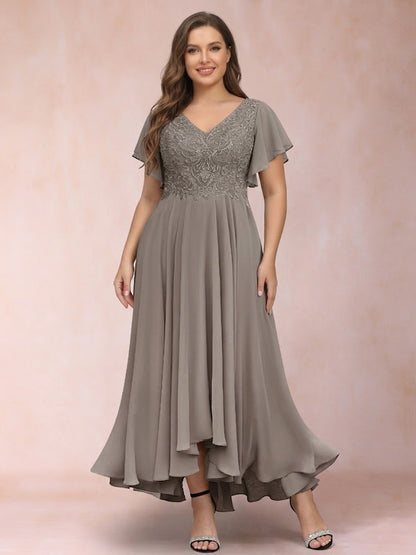 A-Line/Princess V-Neck Short Sleeves Long Plus Size Evening Dresses with Appliques