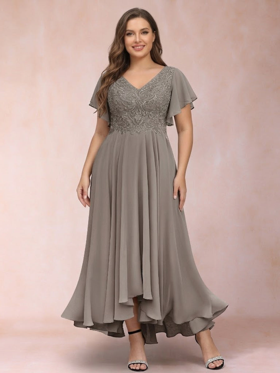 A-Line/Princess V-Neck Short Sleeves Long Plus Size Evening Dresses with Appliques