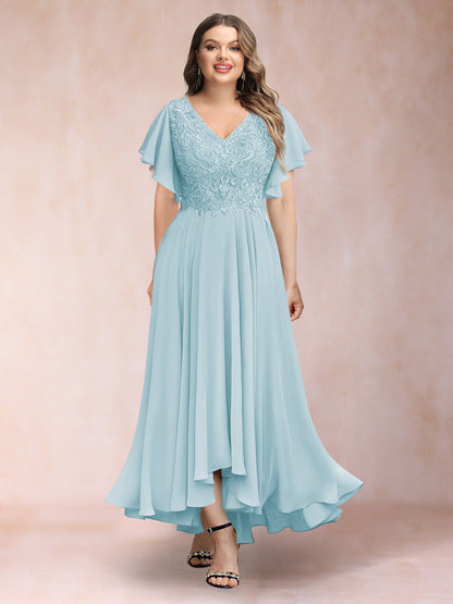 A-Line/Princess V-Neck Short Sleeves Long Plus Size Evening Dresses with Appliques