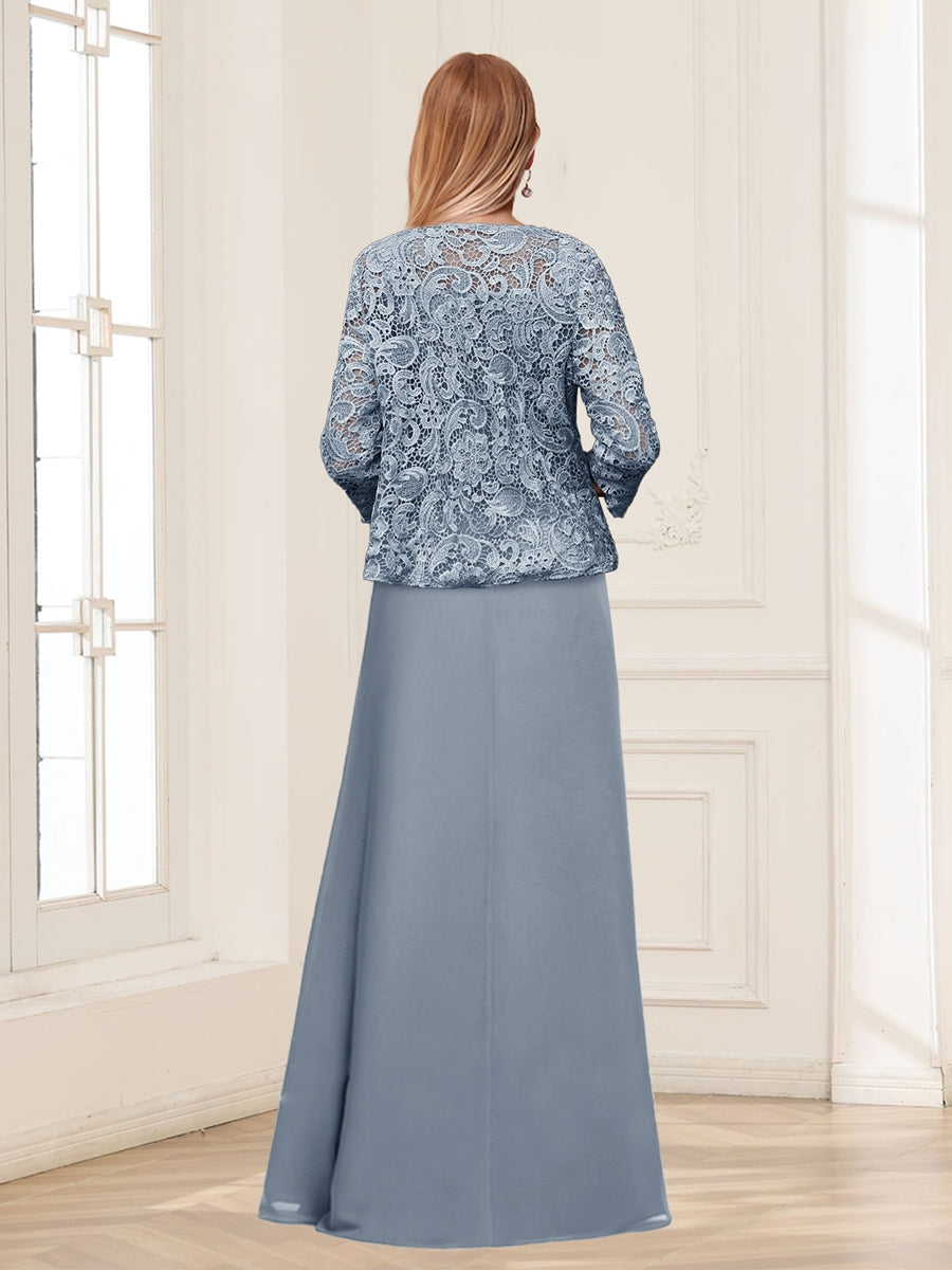 Lace Chiffon Square Neck 3/4 Sleeves 2 Pieces Mother of the Bride Dresses with Appliques & Jacket
