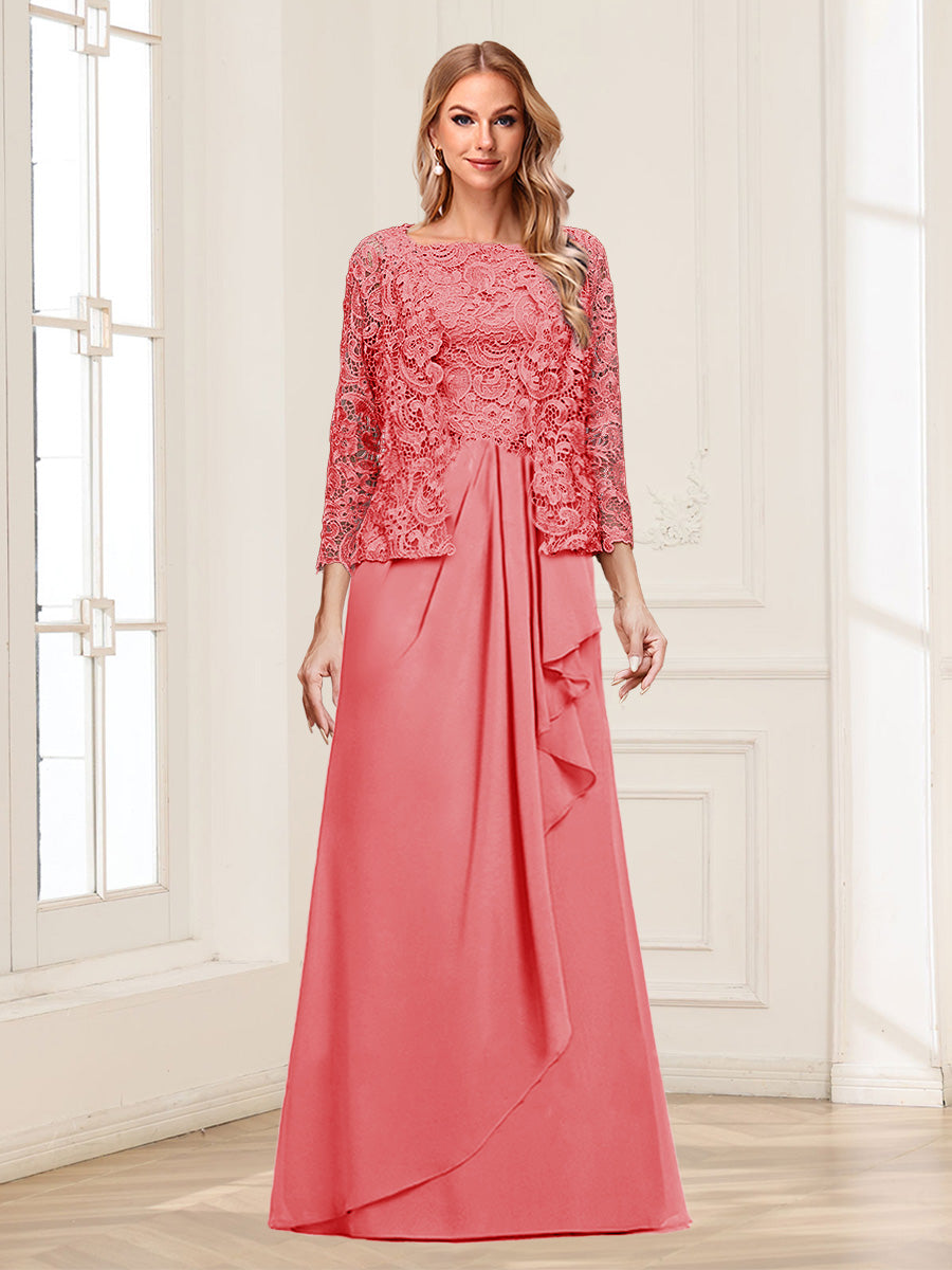 Lace Chiffon Square Neck 3/4 Sleeves 2 Pieces Mother of the Bride Dresses with Appliques & Jacket