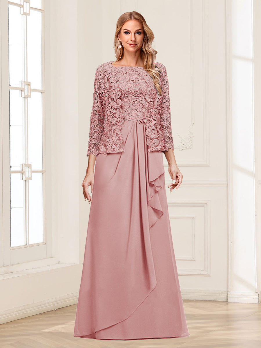 Lace Chiffon Square Neck 3/4 Sleeves 2 Pieces Mother of the Bride Dresses with Appliques & Jacket