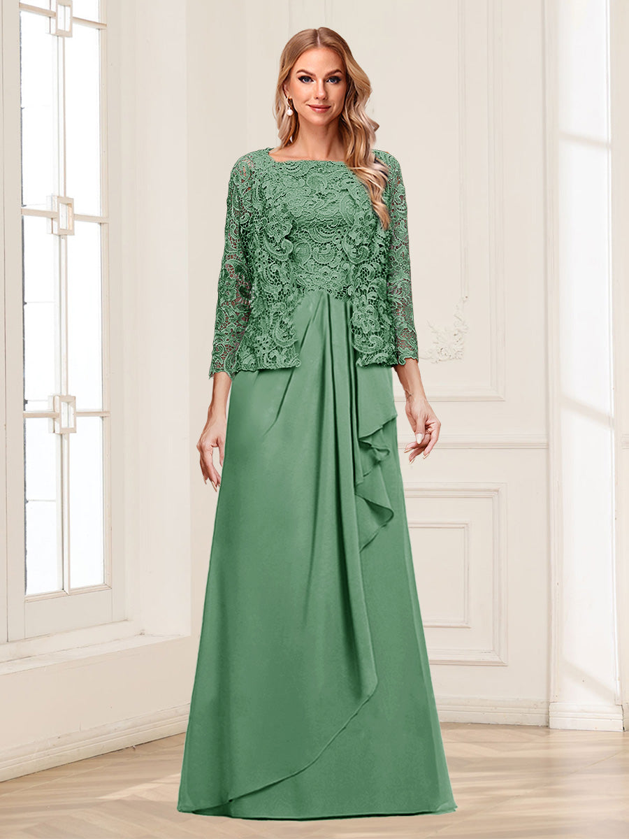 Lace Chiffon Square Neck 3/4 Sleeves 2 Pieces Mother of the Bride Dresses with Appliques & Jacket
