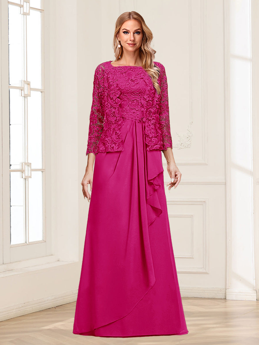 Lace Chiffon Square Neck 3/4 Sleeves 2 Pieces Mother of the Bride Dresses with Appliques & Jacket