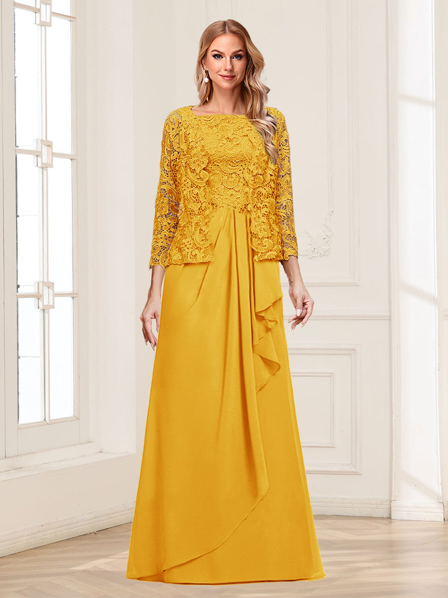 Lace Chiffon Square Neck 3/4 Sleeves 2 Pieces Mother of the Bride Dresses with Appliques & Jacket
