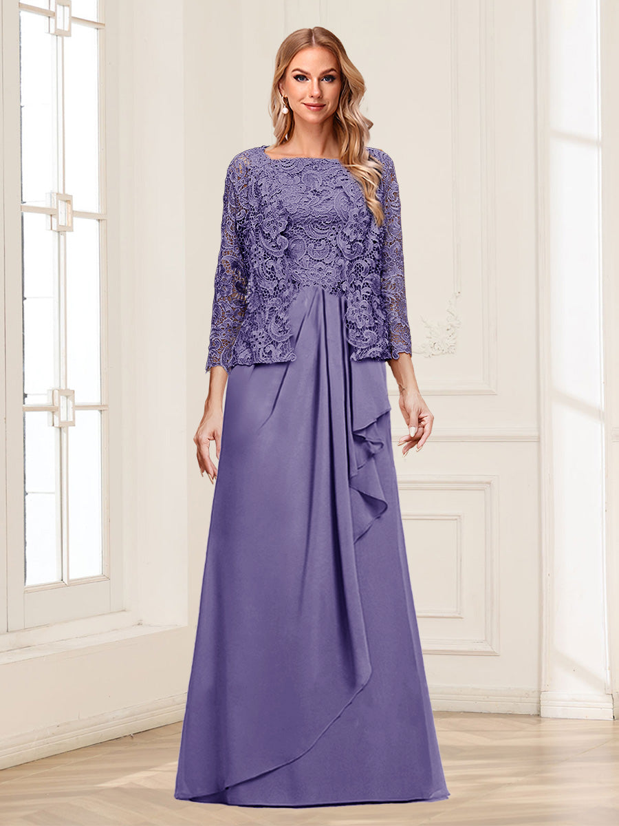 Lace Chiffon Square Neck 3/4 Sleeves 2 Pieces Mother of the Bride Dresses with Appliques & Jacket