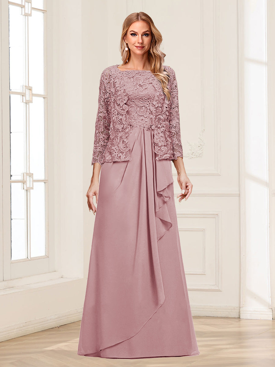 Lace Chiffon Square Neck 3/4 Sleeves 2 Pieces Mother of the Bride Dresses with Appliques & Jacket