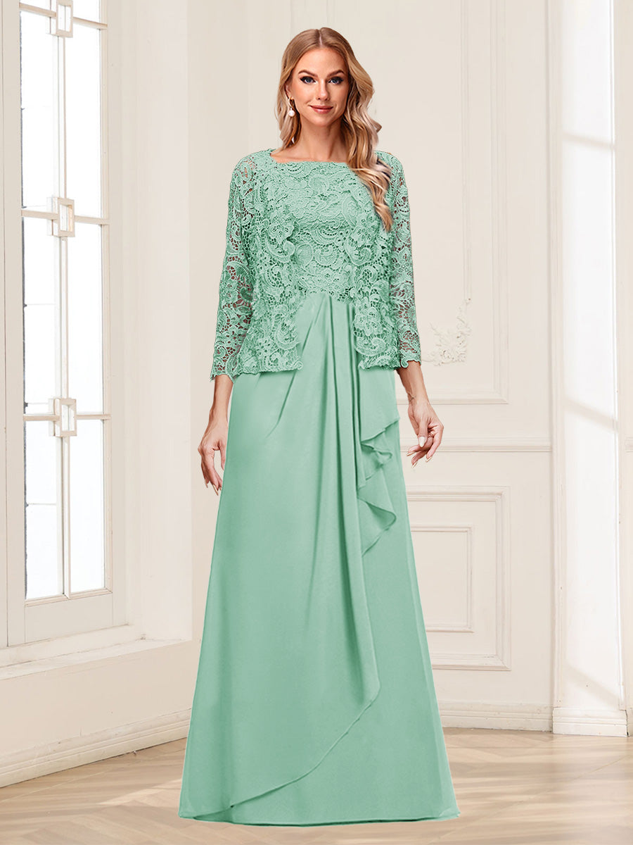 Lace Chiffon Square Neck 3/4 Sleeves 2 Pieces Mother of the Bride Dresses with Appliques & Jacket