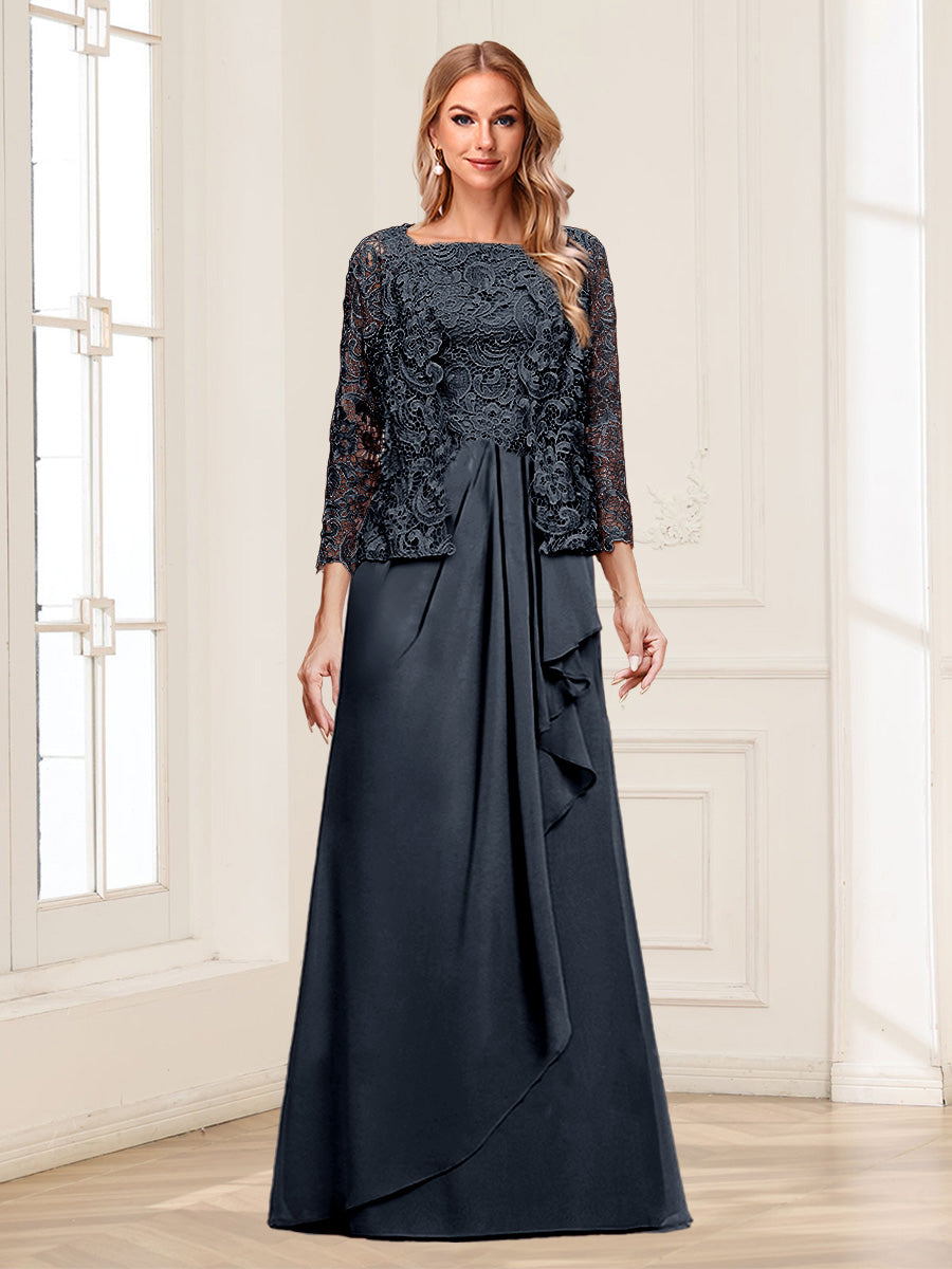 Lace Chiffon Square Neck 3/4 Sleeves 2 Pieces Mother of the Bride Dresses with Appliques & Jacket