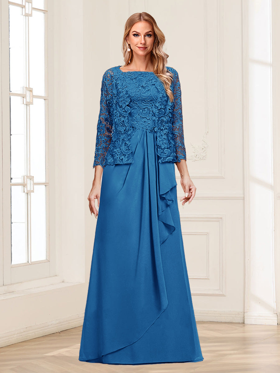 Lace Chiffon Square Neck 3/4 Sleeves 2 Pieces Mother of the Bride Dresses with Appliques & Jacket