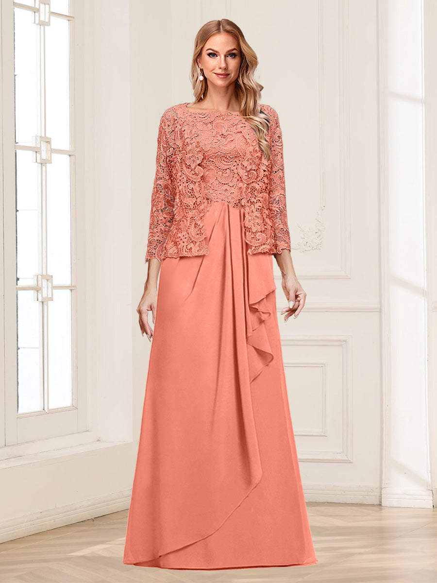 Lace Chiffon Square Neck 3/4 Sleeves 2 Pieces Mother of the Bride Dresses with Appliques & Jacket