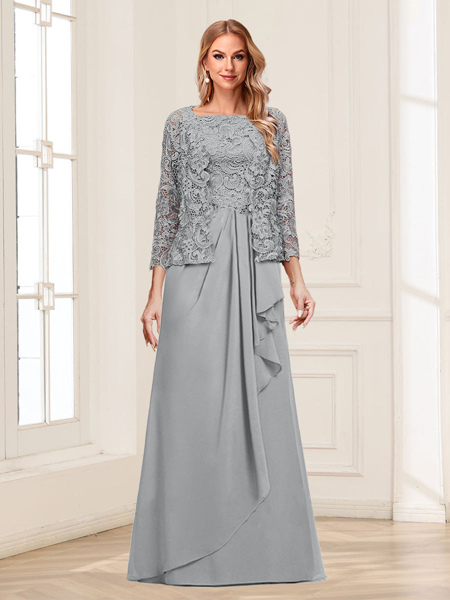 Lace Chiffon Square Neck 3/4 Sleeves 2 Pieces Mother of the Bride Dresses with Appliques & Jacket