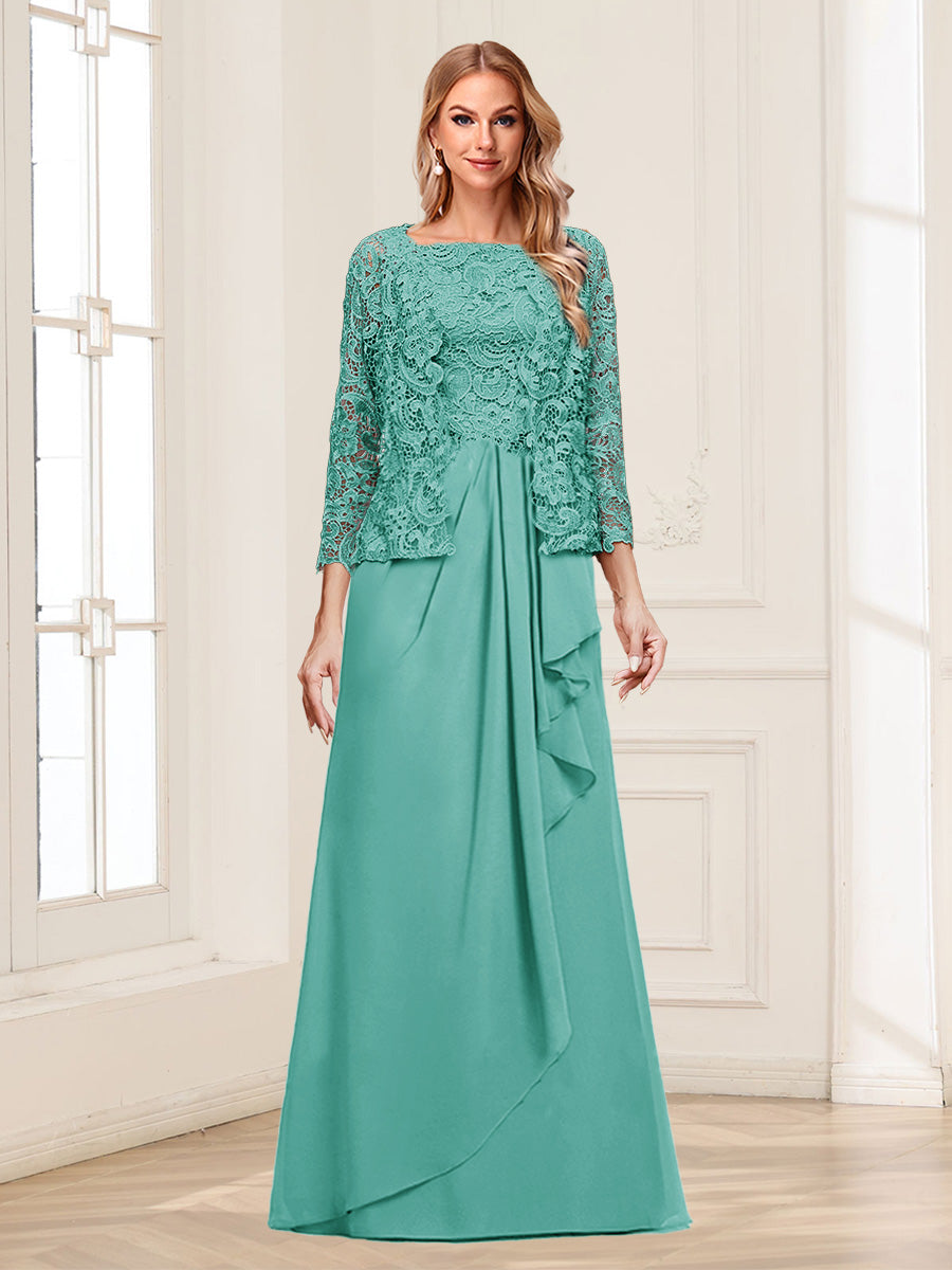Lace Chiffon Square Neck 3/4 Sleeves 2 Pieces Mother of the Bride Dresses with Appliques & Jacket