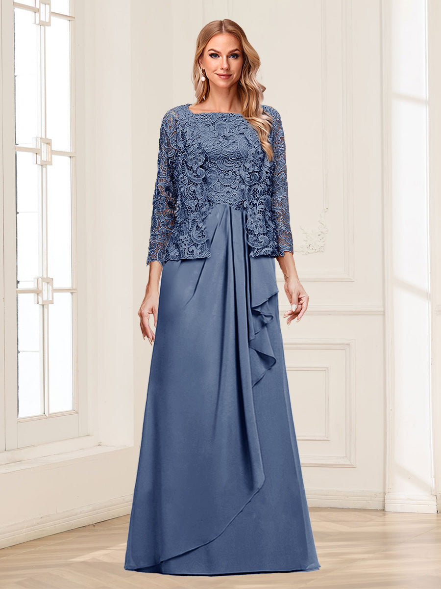 Lace Chiffon Square Neck 3/4 Sleeves 2 Pieces Mother of the Bride Dresses with Appliques & Jacket