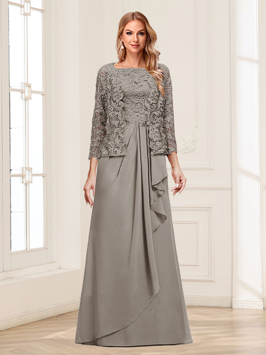 Lace Chiffon Square Neck 3/4 Sleeves 2 Pieces Mother of the Bride Dresses with Appliques & Jacket