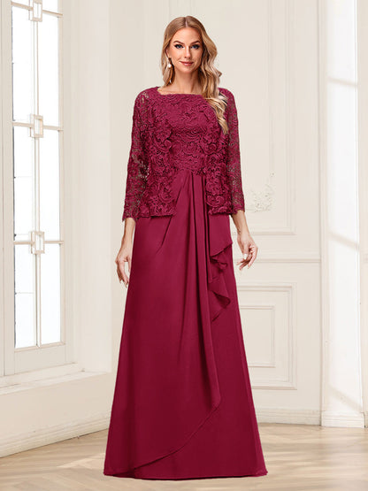 Lace Chiffon Square Neck 3/4 Sleeves 2 Pieces Mother of the Bride Dresses with Appliques & Jacket