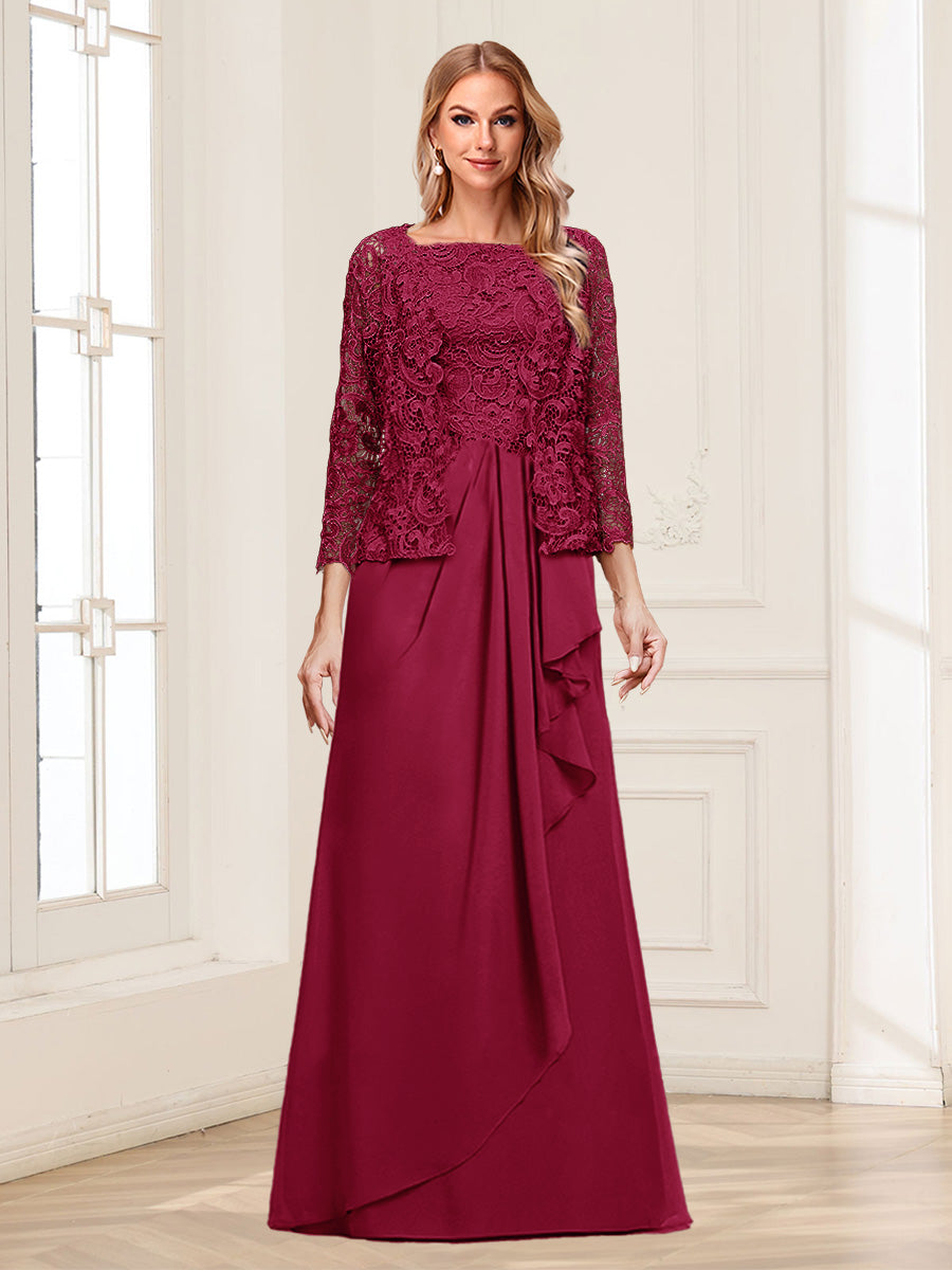Lace Chiffon Square Neck 3/4 Sleeves 2 Pieces Mother of the Bride Dresses with Appliques & Jacket