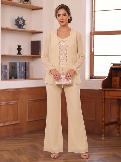 Pantsuits 3 Pieces V-Neck Long Sleeves Floor-Length Mother of the Bride with Sequins & Jacket