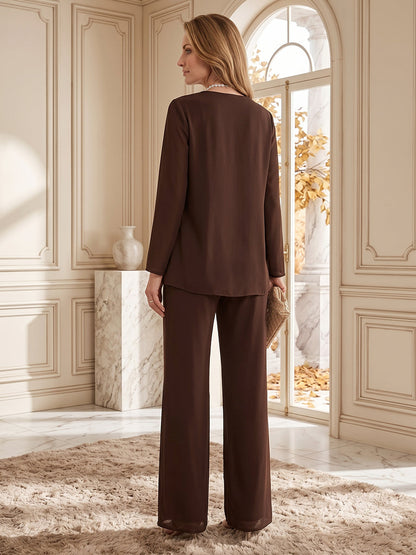 V-Neck Long Sleeves Floor-Length Chiffon 3 Pieces Pantsuits with Sequins & Jacket